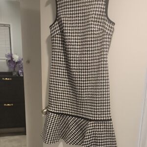 DKNY Black and White Houndstooth Sleeveless Flounce Hem Dress